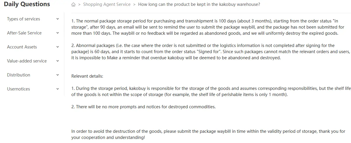 Help centre article stating the 100-day storage period, the day-90 reminder email and the 60-day rule for abnormal packages