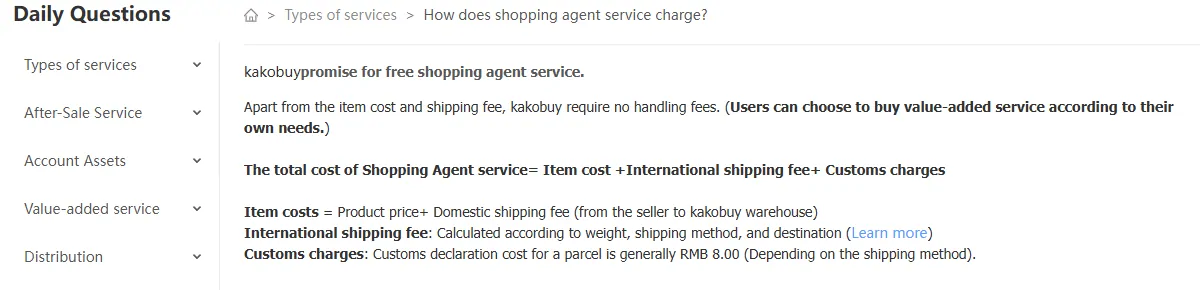 Help centre article on agent service charges listing item cost, international shipping fee and customs charges