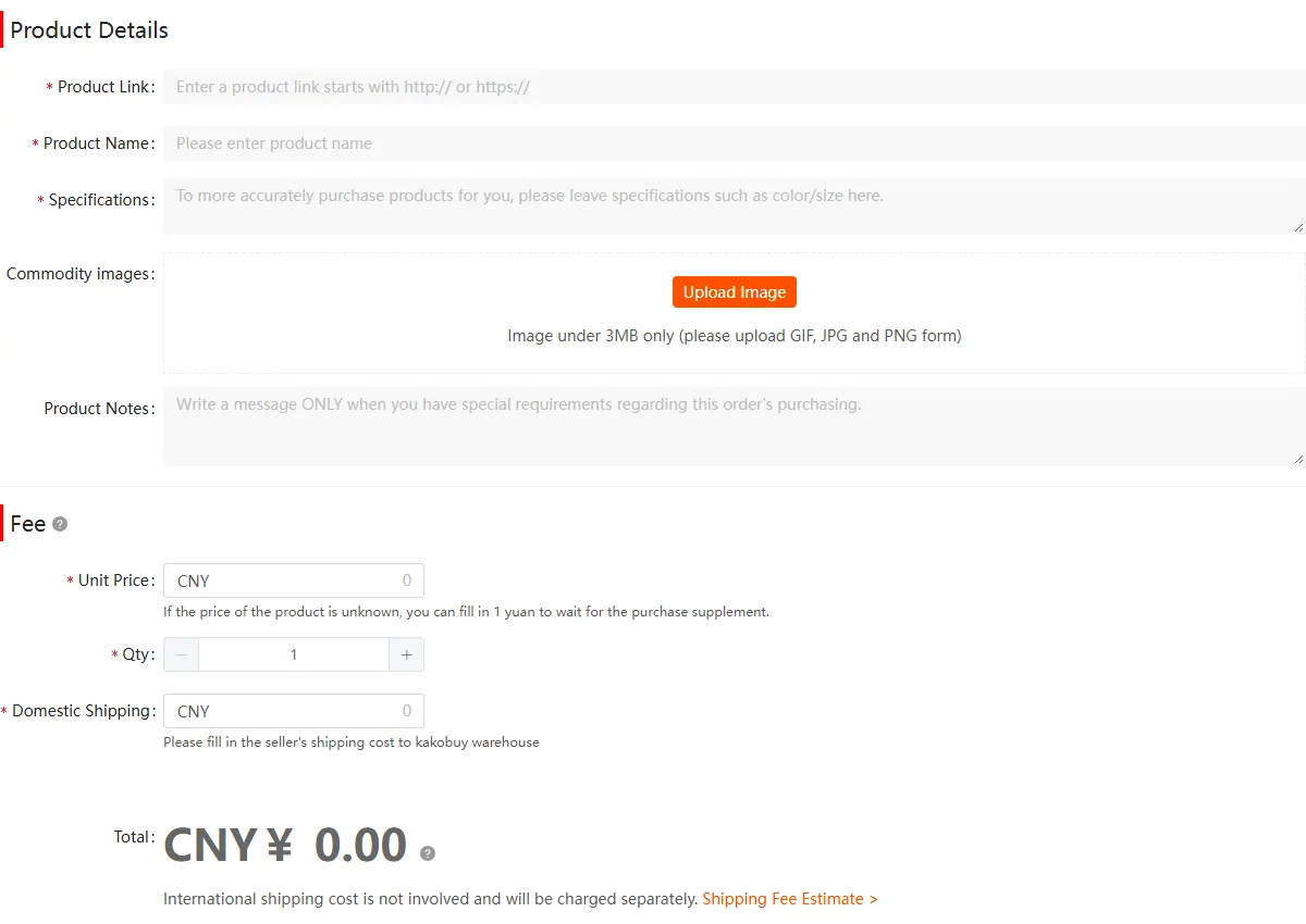 Fill and Buy manual order form with product link, name, specification and fee fields totalling CNY 0.00