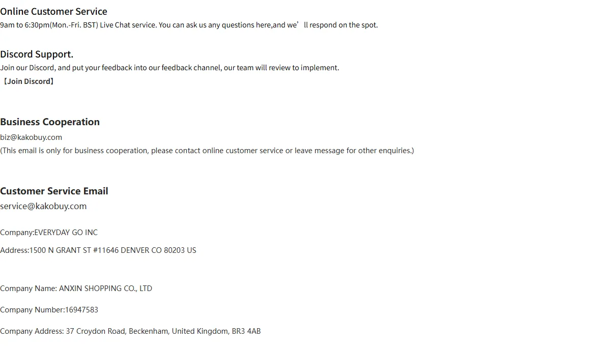 Official contact page listing live chat hours, Discord support, business email and the registered company details