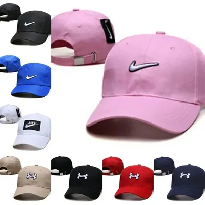 Baseball caps in pink, blue, white and navy with embroidered logos