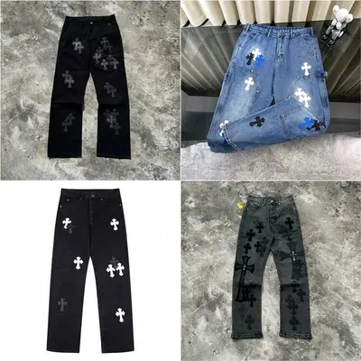 Cross-patch denim jeans in black and washed blue, shown as a four-shot collage
