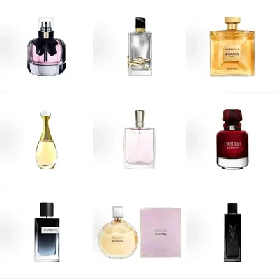 Nine designer perfume bottles arranged on a white grid