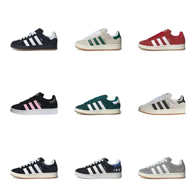 Nine colourways of Adidas Campus sneakers laid out in a grid