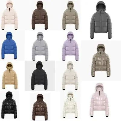 Short puffer jackets for women in many colours, shown as a collage