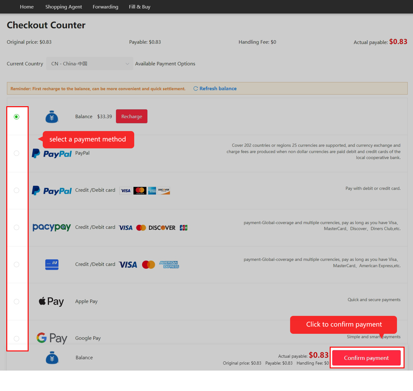 Goods checkout with payment options and Confirm payment highlighted